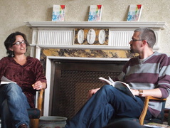 Jasmine Donahaye (l) in conversation with Matthew Jarvis (r). Photograph by kind permission of Heike Roms.